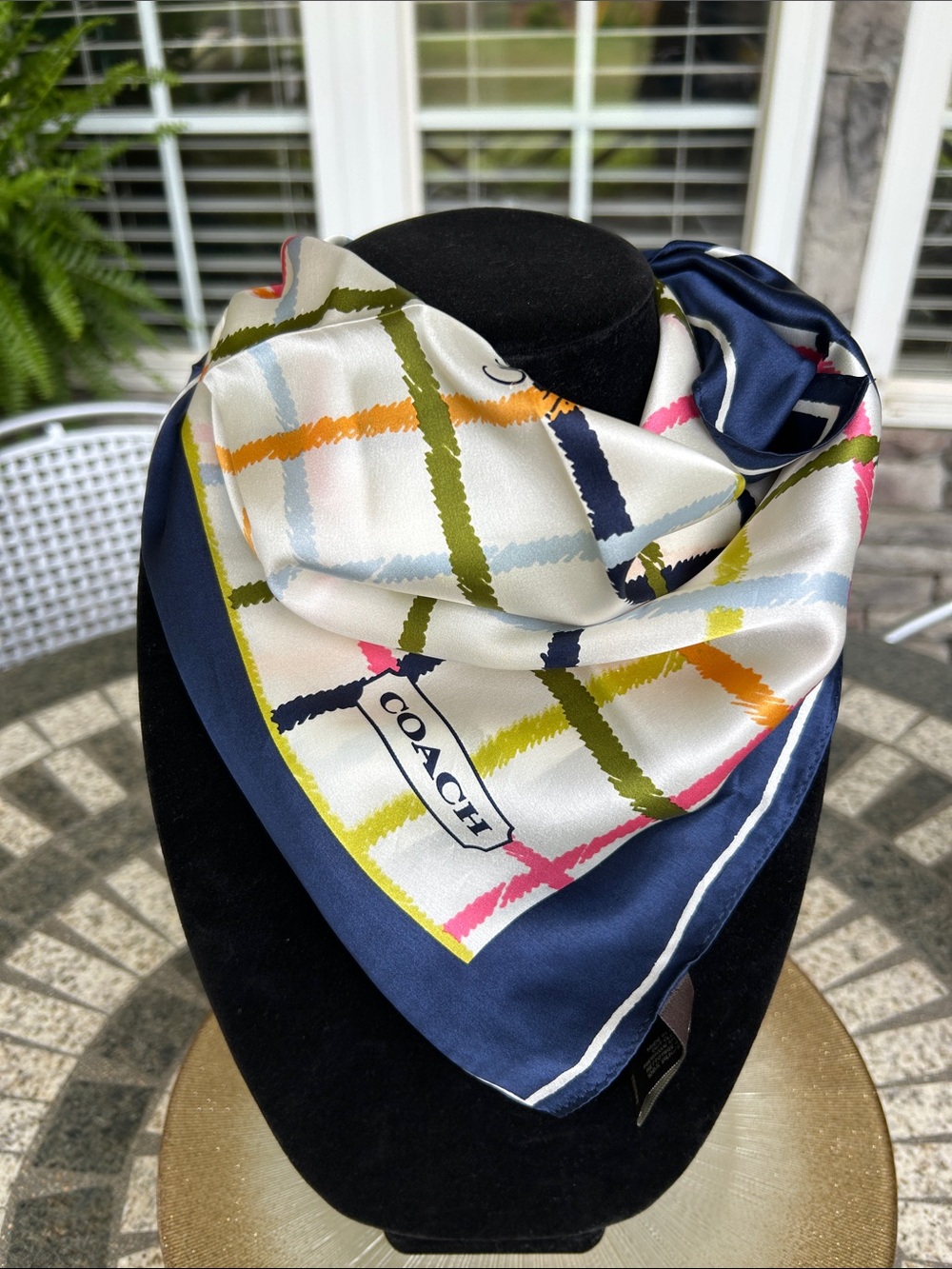Coach Navy Tattersall Silk Scarf with Pink, Olive & White Plaid Accents - Picture 5 of 6